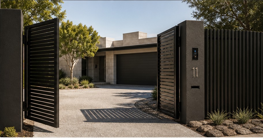 Open slat gates onto a concrete driveway