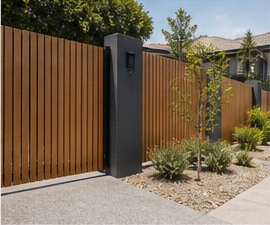 Timber batten boundary fence with dark pier