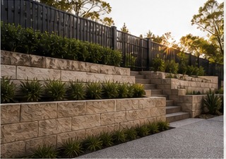 Tiered sandstone retaining wall with planting