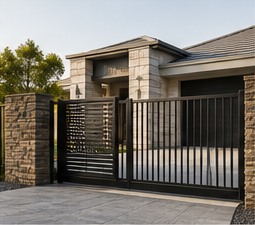 Automatic driveway gate with stone piers